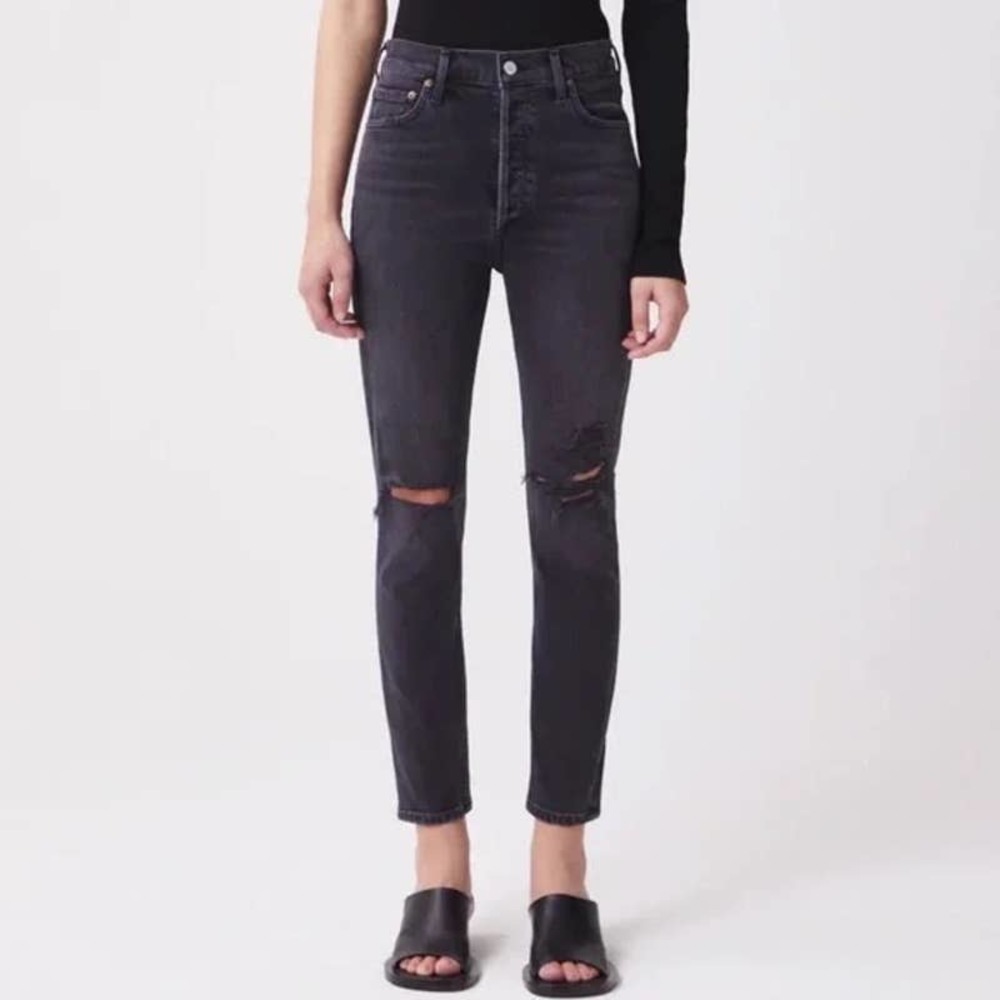 AGOLDE Women's Black Wash Distressed Nico High Waist Ankle Slim Fit Jeans 29
